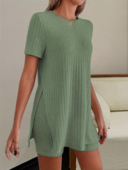 Solid Ribbed Two piece Set Short Sleeve Split Tee & Slim Shorts