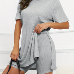Solid Ribbed Two piece Set Short Sleeve Split Tee & Slim Shorts
