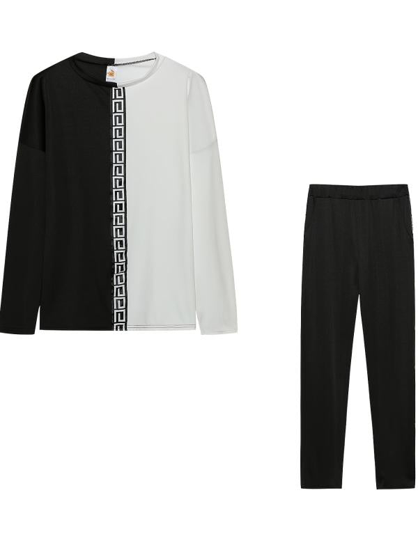 Casual 2pcs Set Block Top & High Waist Pants Women's Clothing