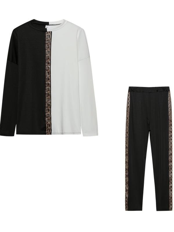 Casual 2pcs Set Block Top & High Waist Pants Women's Clothing