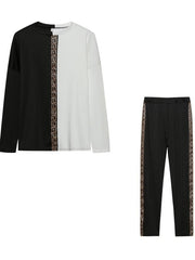 Casual 2pcs Set Block Top & High Waist Pants Women's Clothing