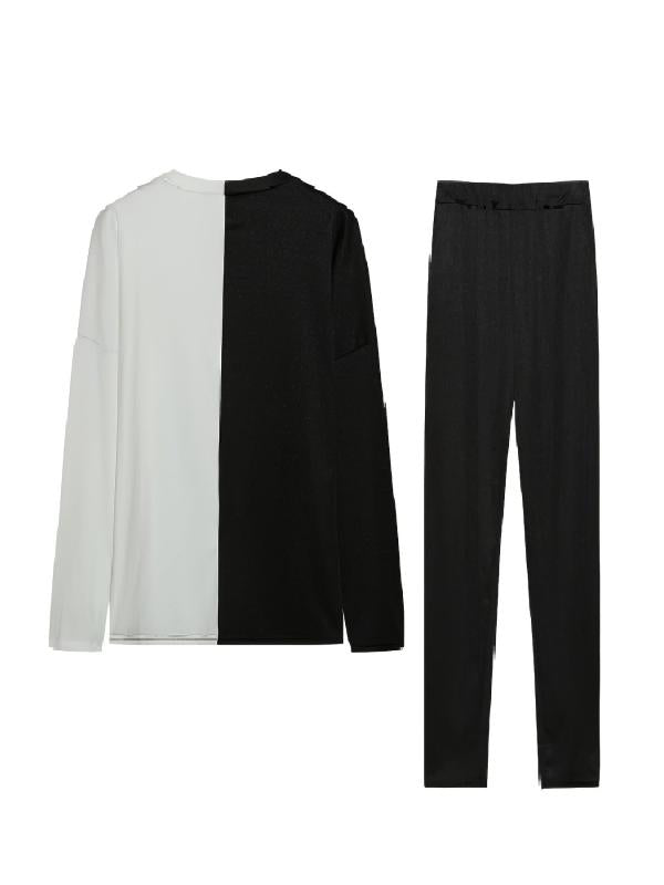 Casual 2pcs Set Block Top & High Waist Pants Women's Clothing