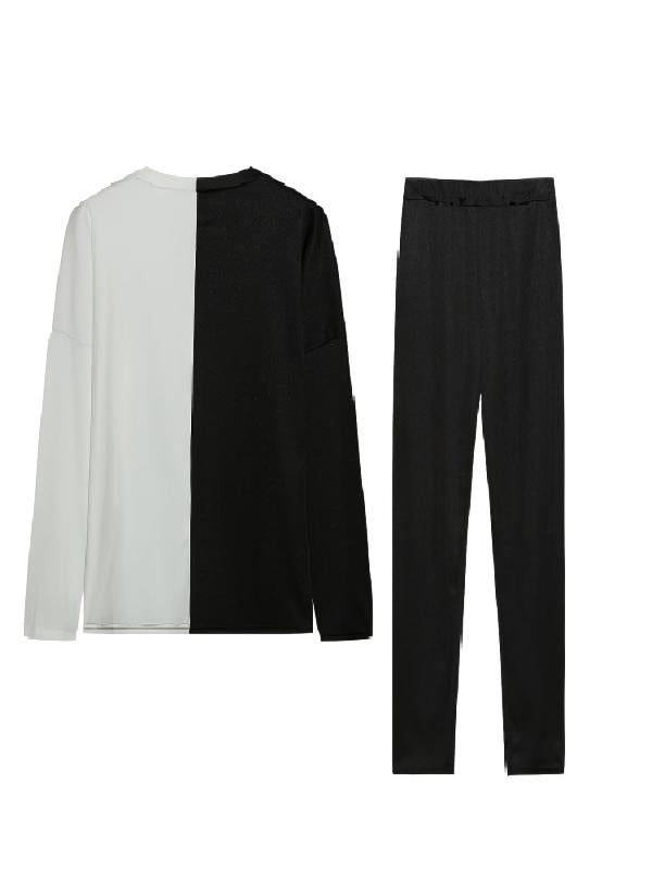 Casual 2pcs Set Block Top & High Waist Pants Women's Clothing