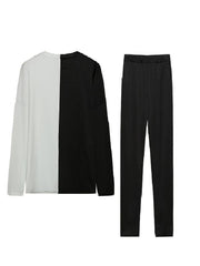 Casual 2pcs Set Block Top & High Waist Pants Women's Clothing