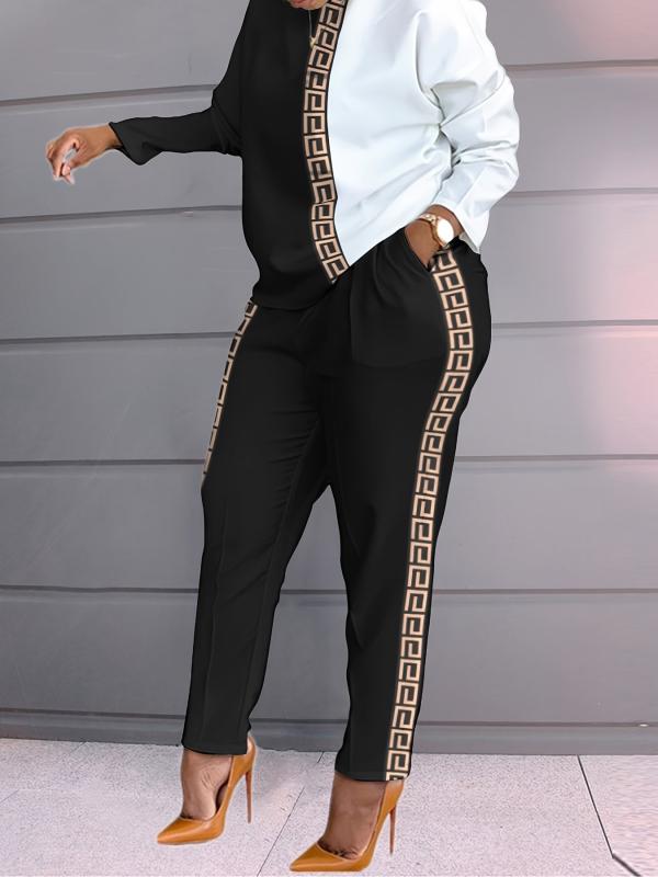 Casual 2pcs Set Block Top & High Waist Pants Women's Clothing