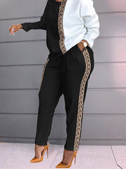 Casual 2pcs Set Block Top & High Waist Pants Women's Clothing