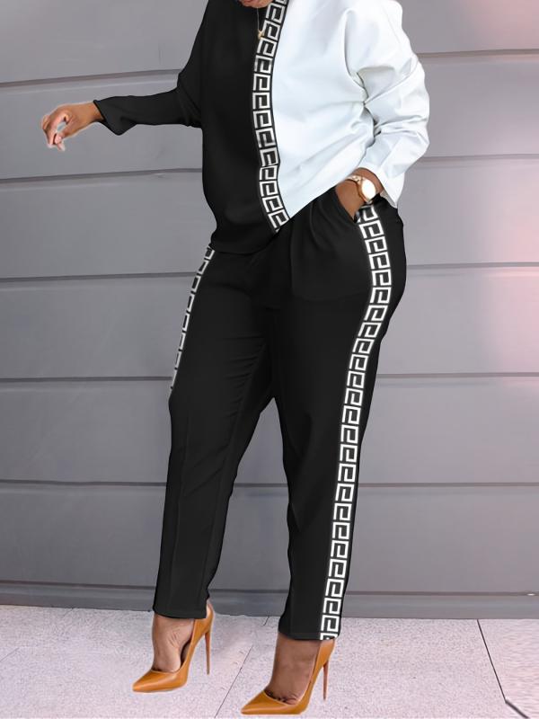 Casual 2pcs Set Block Top & High Waist Pants Women's Clothing