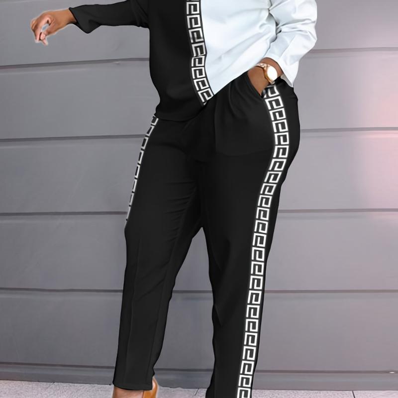 Casual 2pcs Set Block Top & High Waist Pants Women's Clothing