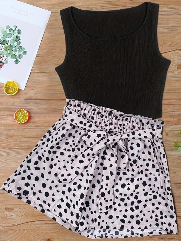 Tank Top & Dalmatian Print Shorts Set Women's Outfit