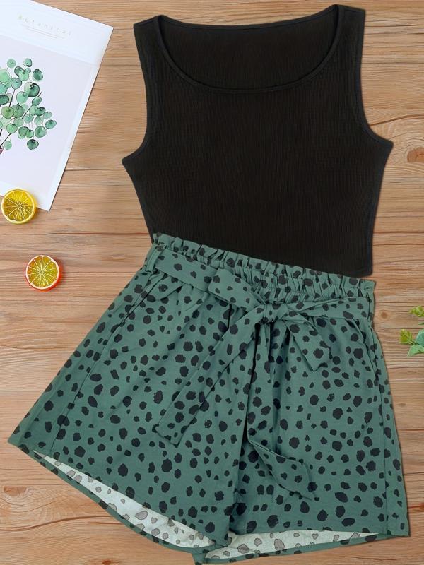 Tank Top & Dalmatian Print Shorts Set Women's Outfit