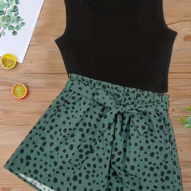 Tank Top & Dalmatian Print Shorts Set Women's Outfit