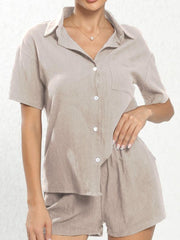 Casual Two piece Set Button Front Short Sleeve Shirt & Elastic Waist Shorts Outf