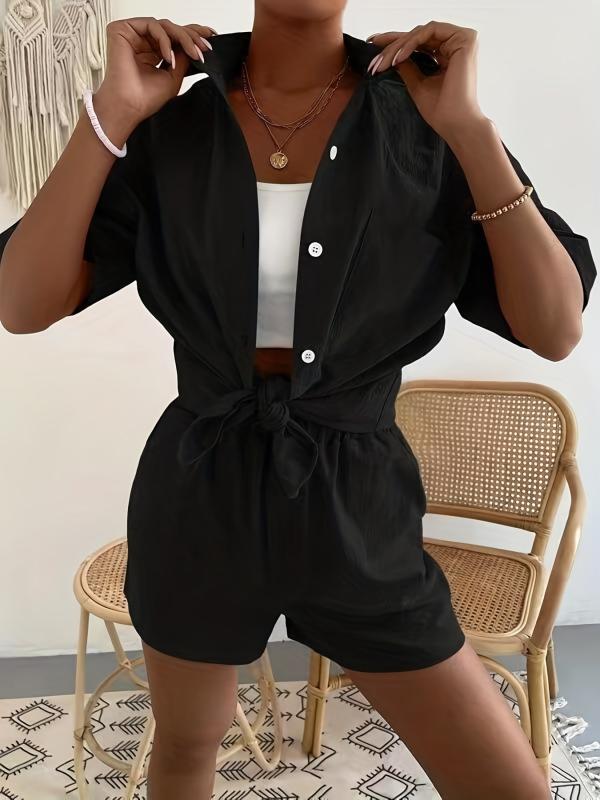 Casual Two piece Set Button Front Short Sleeve Shirt & Elastic Waist Shorts Outf