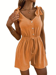 Drawstring Waist Button Front Romper Casual Bow Strap Romper Jumpsuit Women