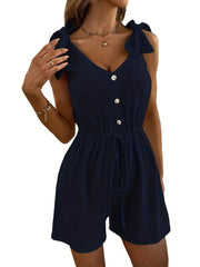 Drawstring Waist Button Front Romper Casual Bow Strap Romper Jumpsuit Women