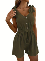 Drawstring Waist Button Front Romper Casual Bow Strap Romper Jumpsuit Women