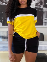 Casual Block 2pc Set Short Sleeve T shirt & Drawstring Shorts