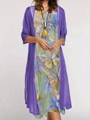 Casual Print 2 Piece Set: Crewneck Long Dress & Long Sleeve Cardigan