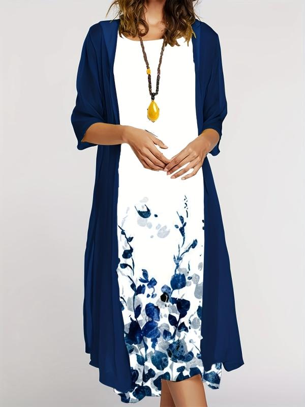 Casual Print 2 Piece Set: Crewneck Long Dress & Long Sleeve Cardigan