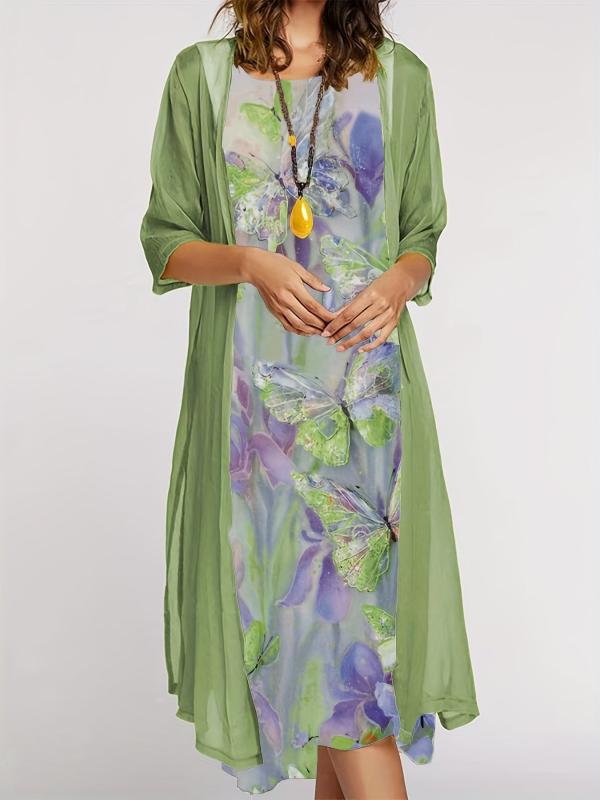 Casual Print 2 Piece Set: Crewneck Long Dress & Long Sleeve Cardigan