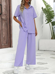 Casual Two Piece Set Short Sleeve Blouse & Wide Leg Pants Outfits