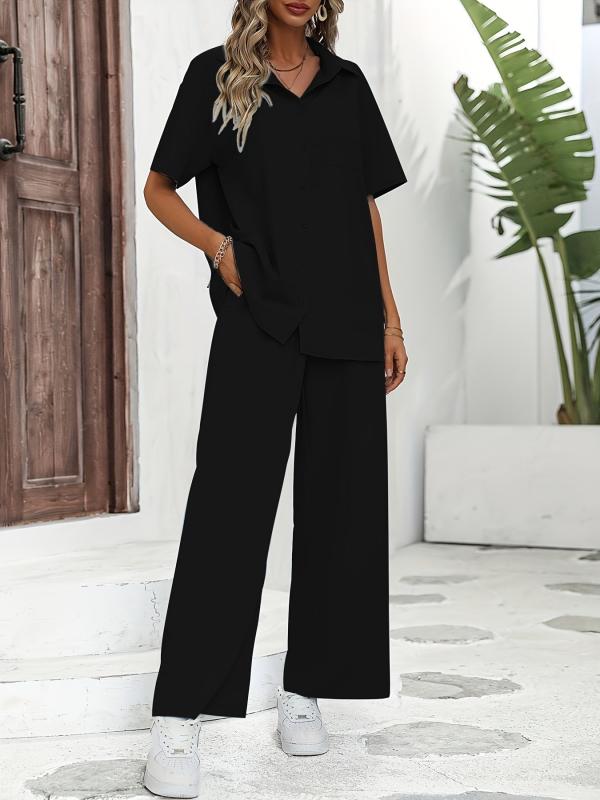 Casual Two Piece Set Short Sleeve Blouse & Wide Leg Pants Outfits