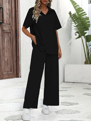 Casual Two Piece Set Short Sleeve Blouse & Wide Leg Pants Outfits