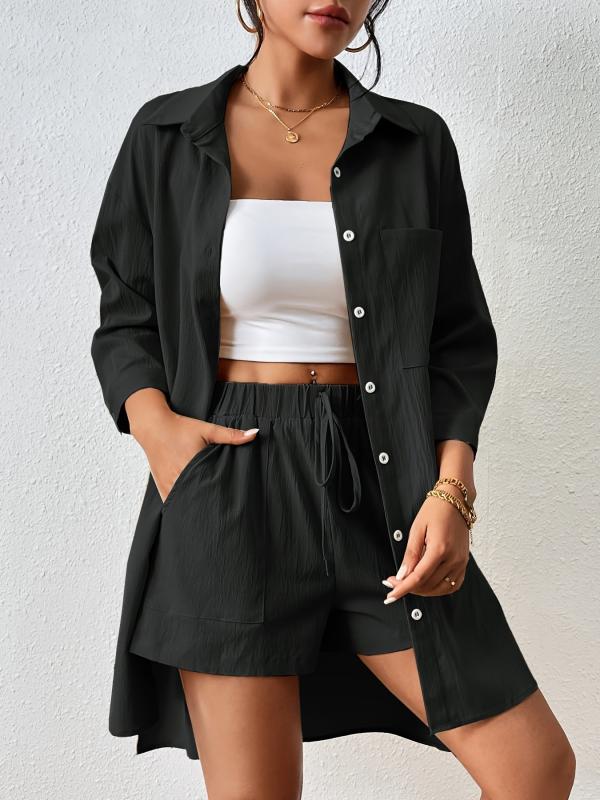 Casual Two Piece Set Button Front Collar Shirt & Elastic Waist Shorts