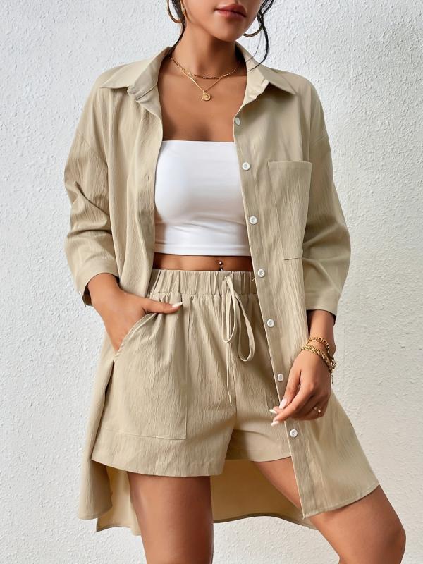 Casual Two Piece Set Button Front Collar Shirt & Elastic Waist Shorts