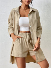 Casual Two Piece Set Button Front Collar Shirt & Elastic Waist Shorts