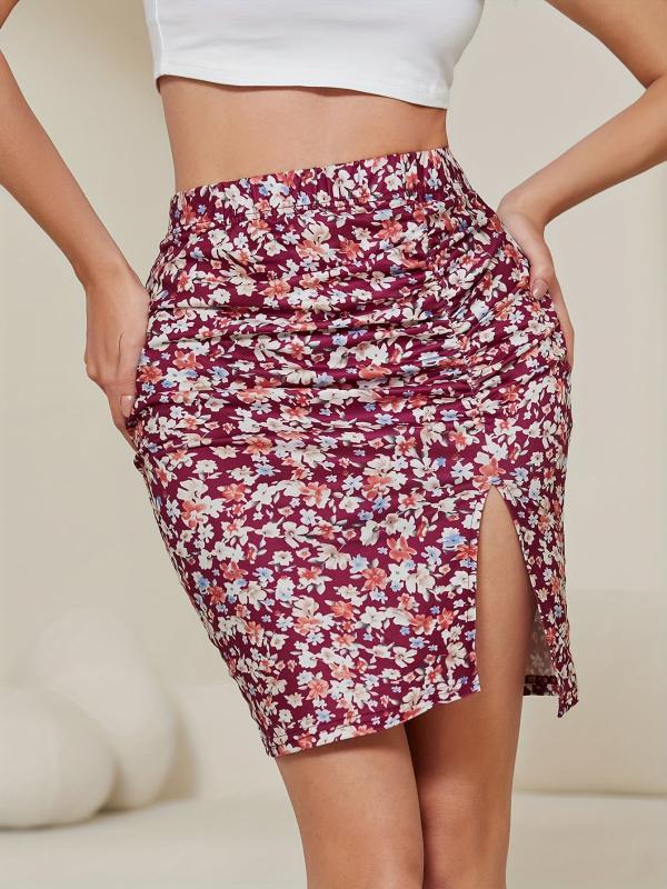 Floral Print Ruched Split Skirt Sexy Skirt For Spring & Summer