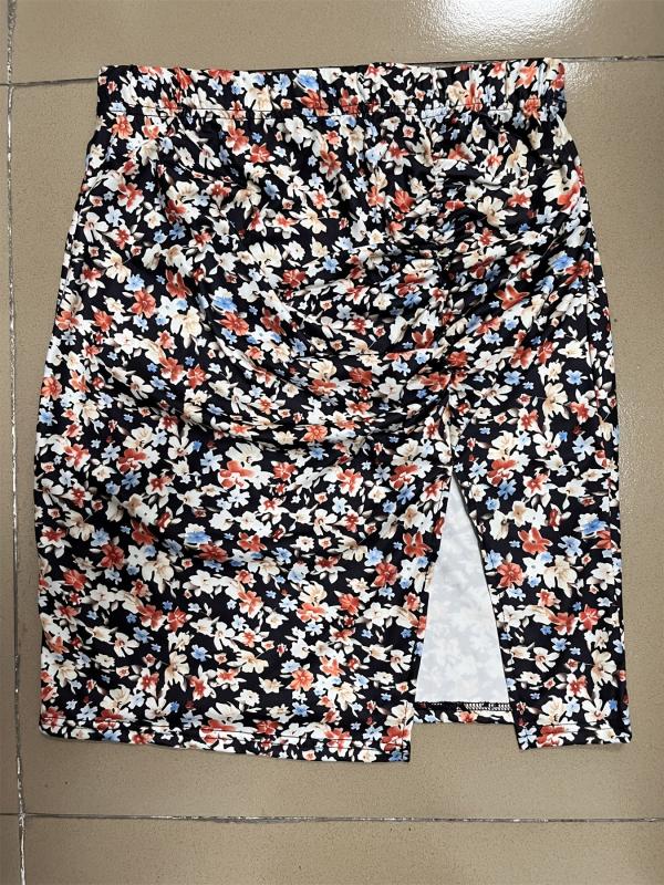 Floral Print Ruched Split Skirt Sexy Skirt For Spring & Summer