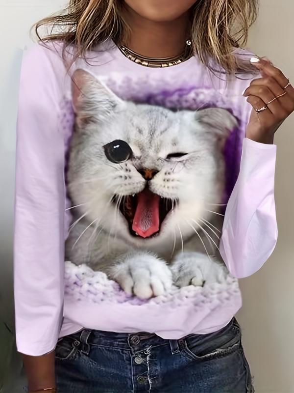Zip & Cat Print Pullover Sweatshirt for Women