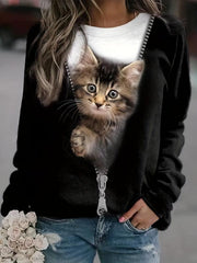 Zip & Cat Print Pullover Sweatshirt for Women