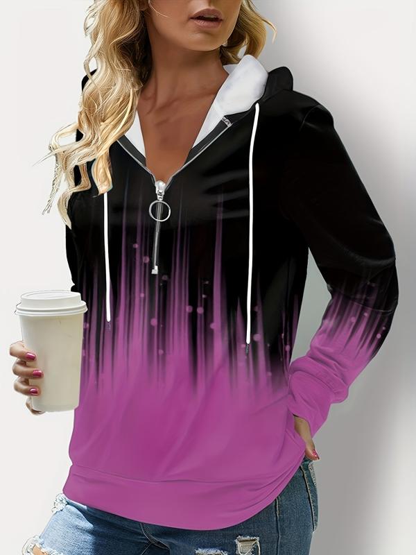 Gradient Print Quarter Zipper Front Hoodie Long Sleeve Drawstring Hoodie