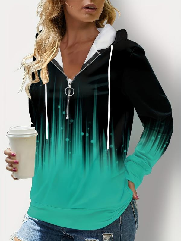 Gradient Print Quarter Zipper Front Hoodie Long Sleeve Drawstring Hoodie