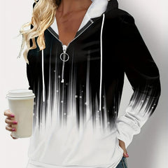 Gradient Print Quarter Zipper Front Hoodie Long Sleeve Drawstring Hoodie