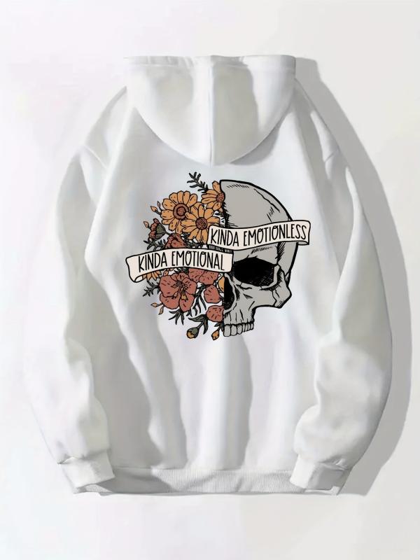 Floral & Skull Print Hoodies Drawstring Kangaroo Pocket Casual Sweatshirt