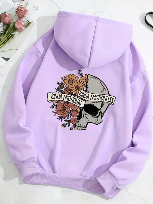 Floral & Skull Print Hoodies Drawstring Kangaroo Pocket Casual Sweatshirt