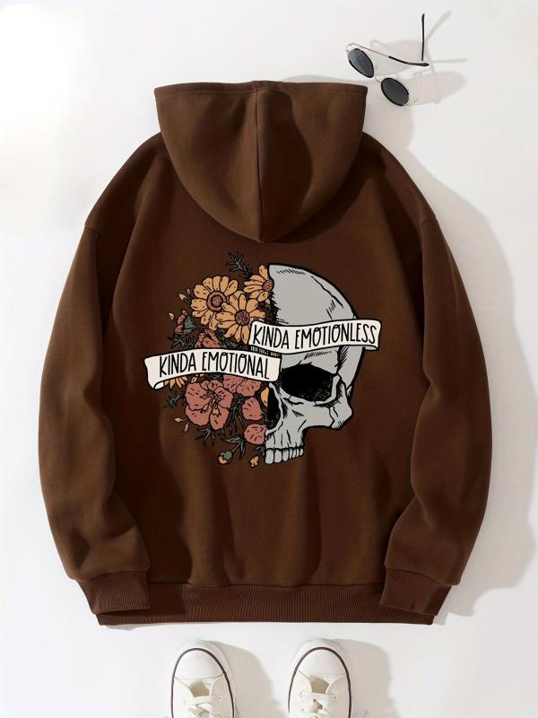 Floral & Skull Print Hoodies Drawstring Kangaroo Pocket Casual Sweatshirt