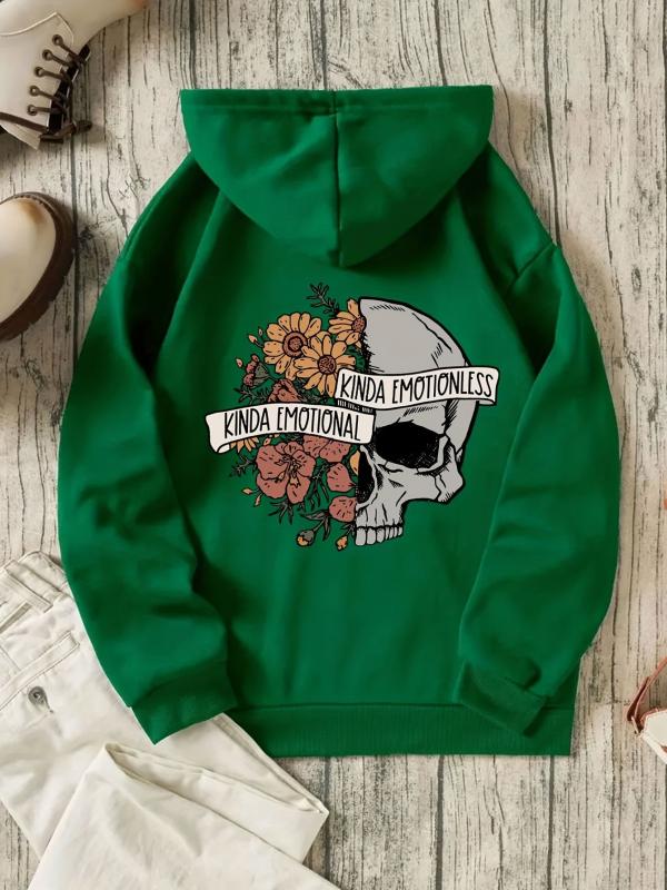 Floral & Skull Print Hoodies Drawstring Kangaroo Pocket Casual Sweatshirt