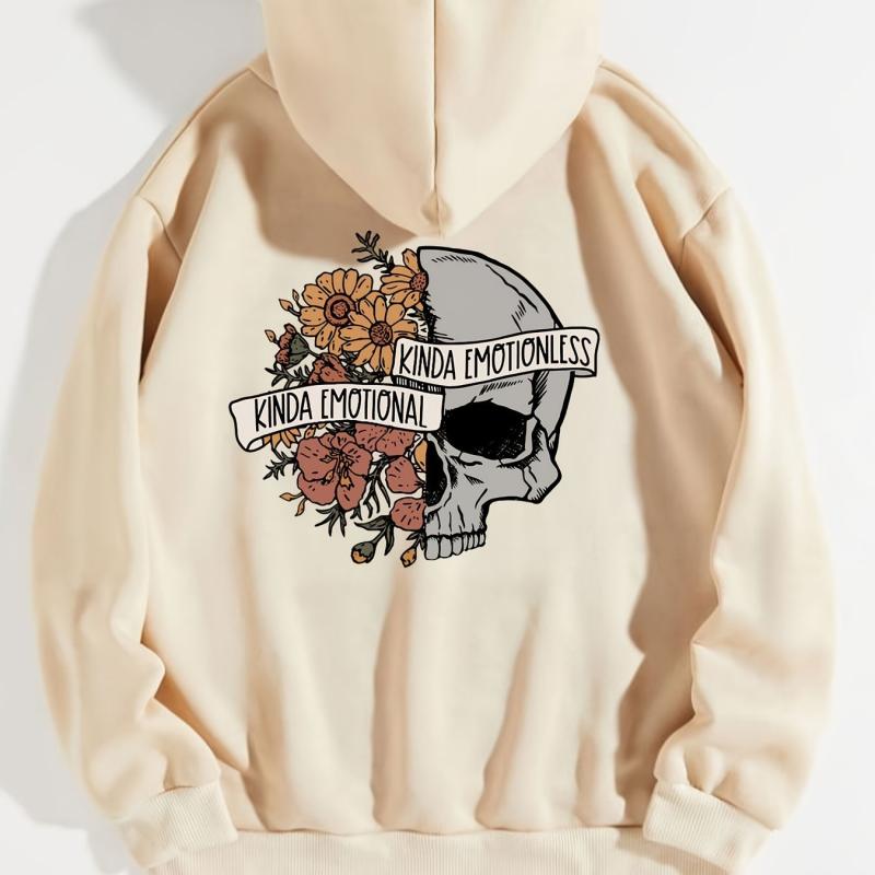 Floral & Skull Print Hoodies Drawstring Kangaroo Pocket Casual Sweatshirt