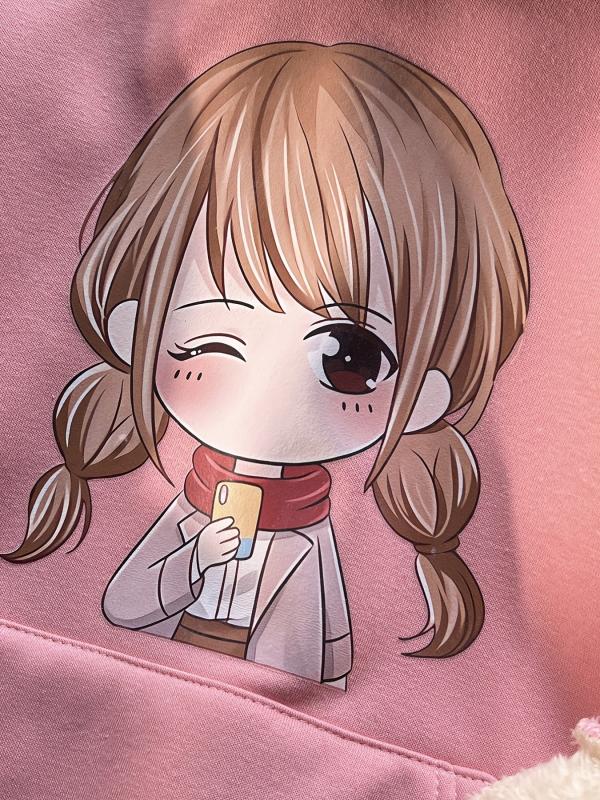 Girls Plush Warm Hoodie Cartoon Print Long Sleeve Pocket Pullover