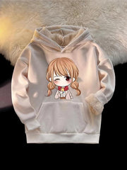 Girls Plush Warm Hoodie Cartoon Print Long Sleeve Pocket Pullover