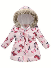 Girls Puffer Coat Flowers Print Zipper Hooded Fleece Warm Jacket Winter