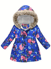 Girls Puffer Coat Flowers Print Zipper Hooded Fleece Warm Jacket Winter