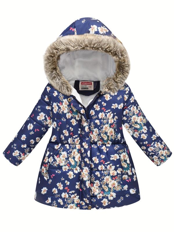 Girls Puffer Coat Flowers Print Zipper Hooded Fleece Warm Jacket Winter
