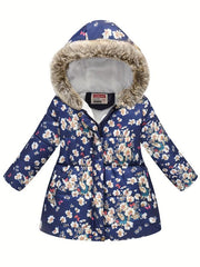 Girls Puffer Coat Flowers Print Zipper Hooded Fleece Warm Jacket Winter