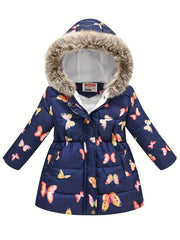 Girls Puffer Coat Flowers Print Zipper Hooded Fleece Warm Jacket Winter