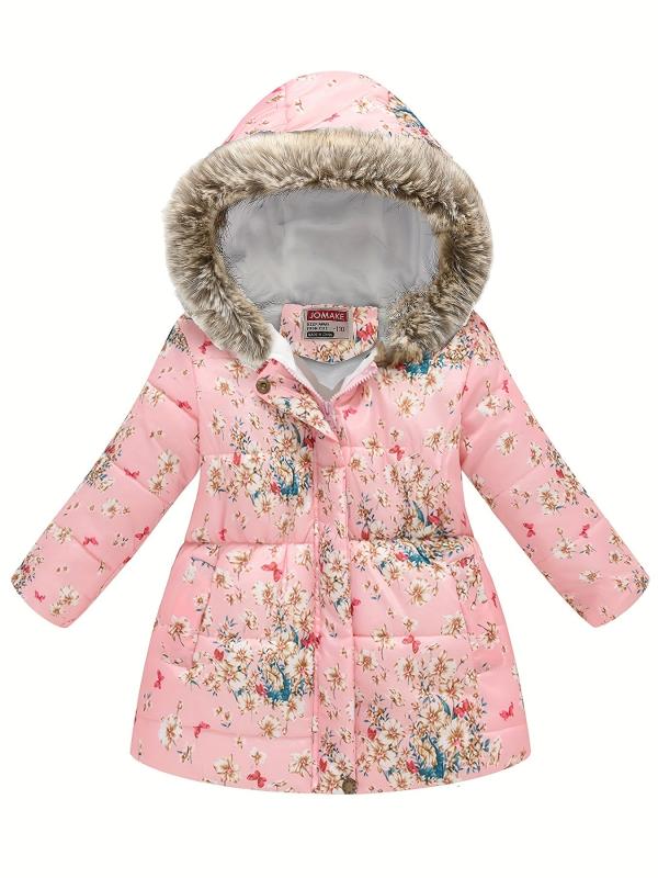 Girls Puffer Coat Flowers Print Zipper Hooded Fleece Warm Jacket Winter